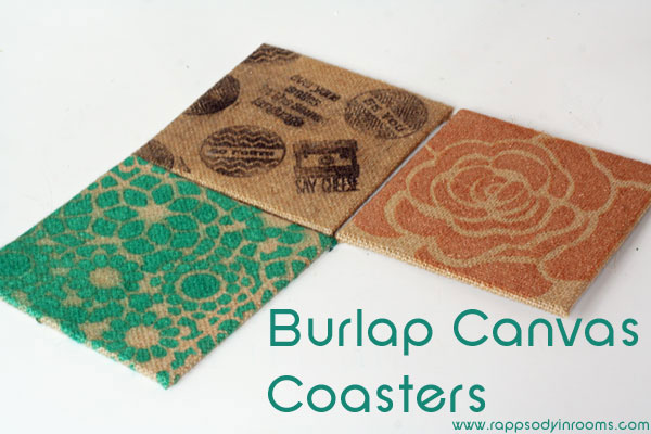 Burlap Wrapped Canvases Turned Coasters | www.rappsodyinrooms.com